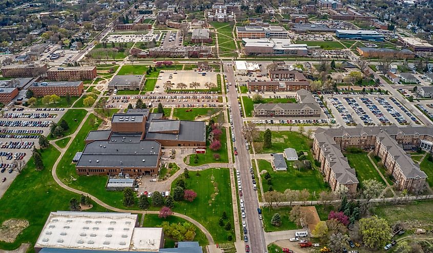 Aerial view of Vermillion's University of Dakota campus.