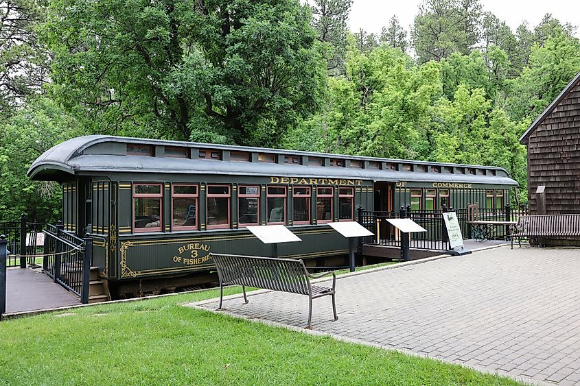 The Federal Fisheries Railcar Exhibit, Fish Car No. 3, at the D.C. Booth Historic National Fish Hatchery in Spearfish, South Dakota, USA.