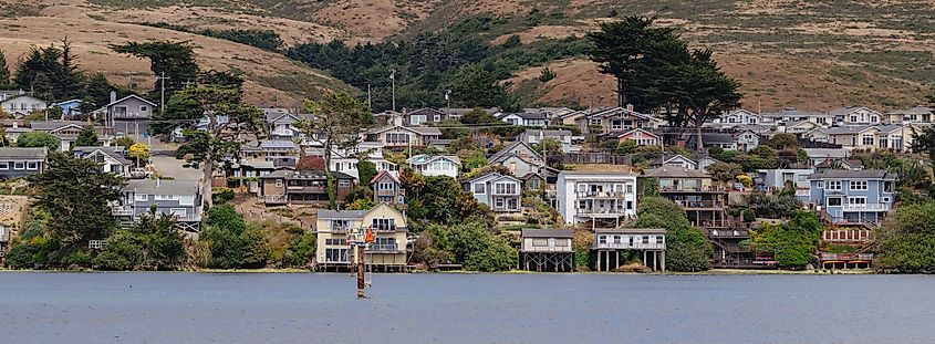 Waterfront homes in Bodega Bay, California.