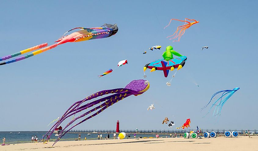 May 22, 2017 Grand Haven MI USA; Flying aliens and sea creature kites at Michigan kite fest.an annual event at the Grand Haven State Park, featuring over 25 flyers from throughout the U.S. and Canada.