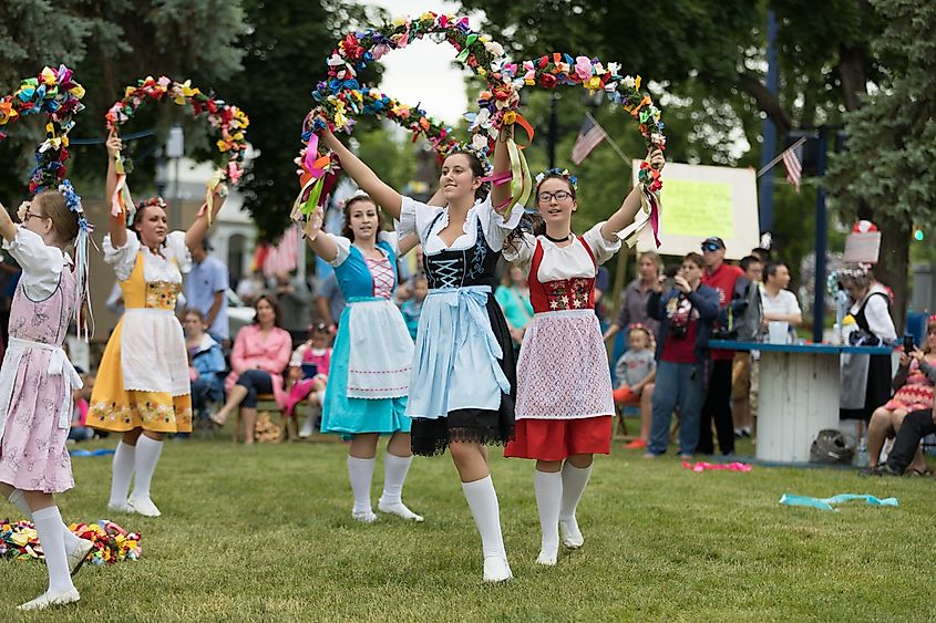 People dancing during the Bavarian Festival in Frankenmuth, Michigan.