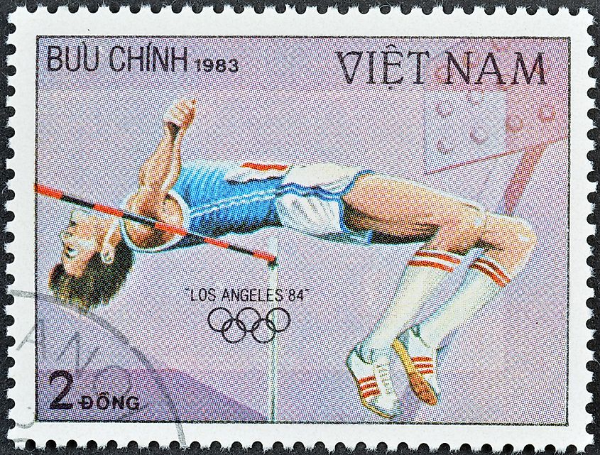 Cancelled postage stamp printed by Vietnam, that shows High jump, Summer Olympic Games 1984