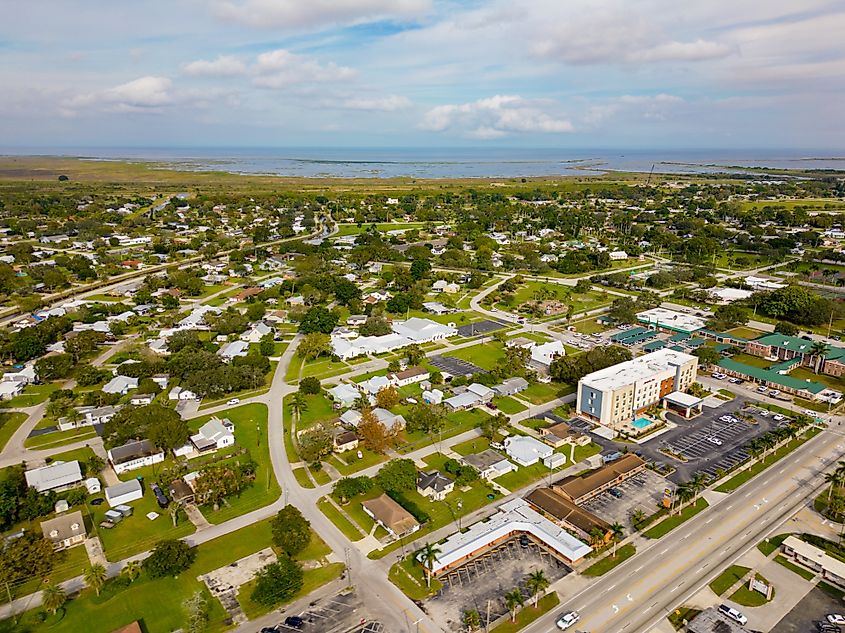 Clewiston, Florida, with Lake Okeechobee in the distance.