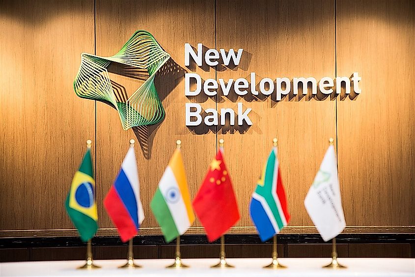 New Development Bank's logo in the HQ of the bank in Shanghai.
