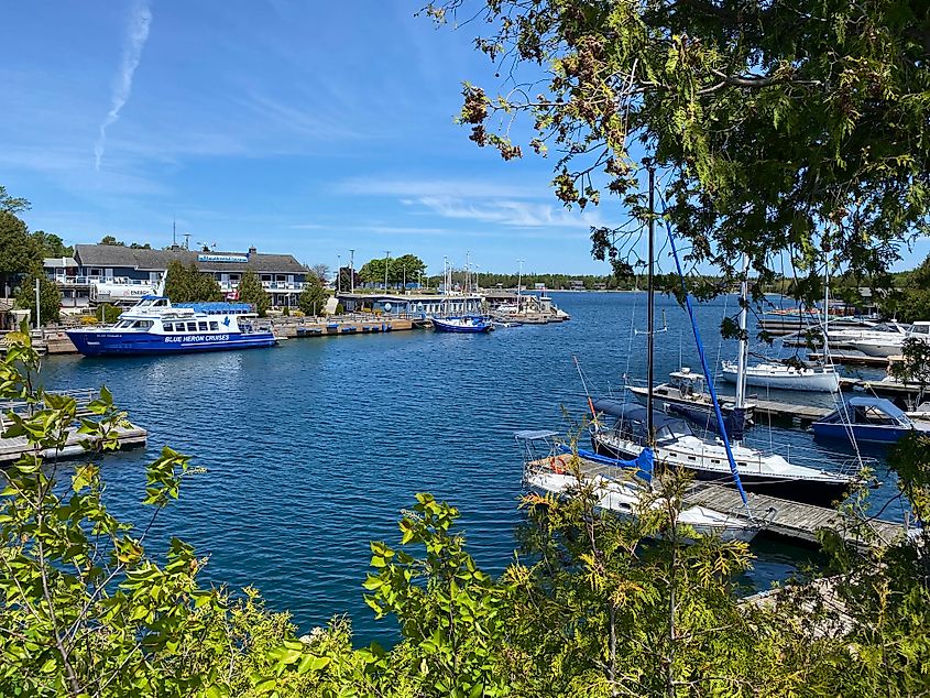 Small boats docked in a cute marina on a clear day