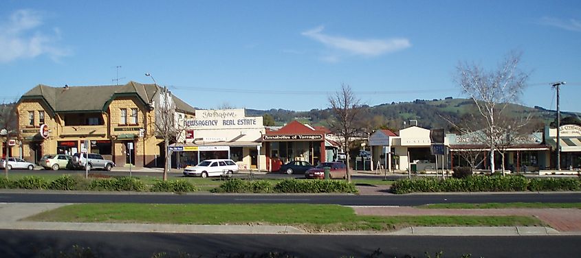 Part of streetscape of Yarragon, Victoria, looking south towards the Strzelecki ranges.