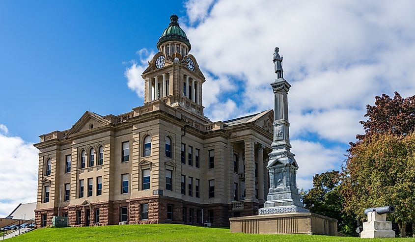 Corner of the Winneshiek County Courthouse and clock tower in Decorah, Iowa