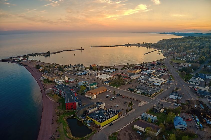 Aerial View of Grand Marais, Minnesota, at Sunset,