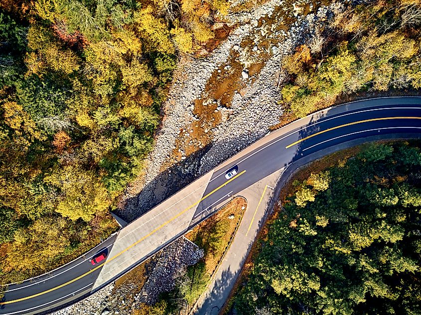 An aerial view of the Mohawk Trail Scenic Byway in Massachusetts in the fall.