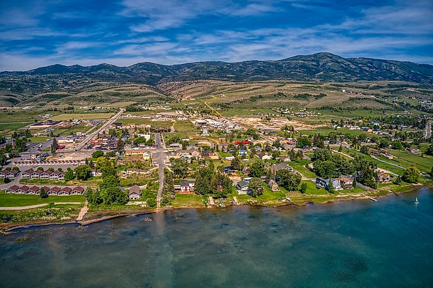 Aerial view of Garden City, Utah on the shore of Bear Lake.