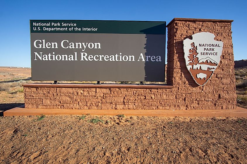 The large Glen Canyon National Recreation Area sign in Page, Arizona.