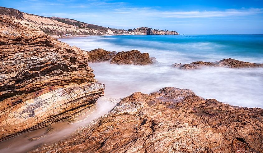 Long exposure view of Crystal Cove State Park Beach in California.