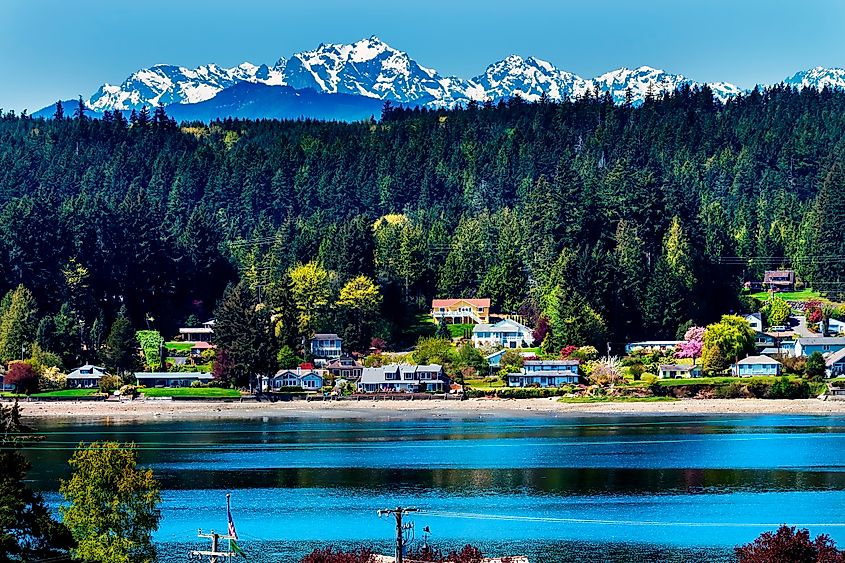 Poulsbo Bainbridge Island Puget Sound Snow Mountains Olympic National Park, Washington State.