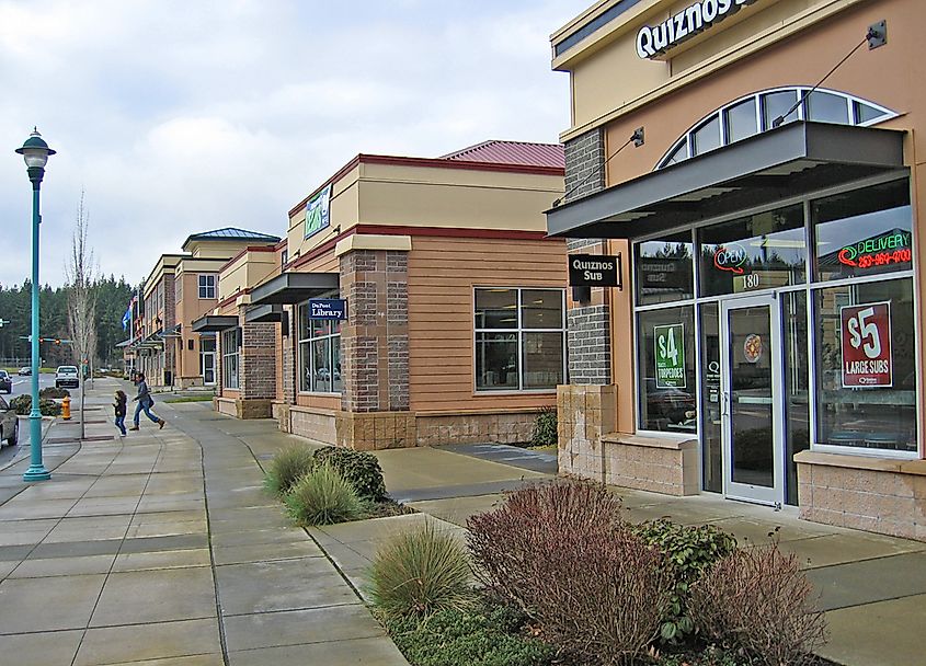 Exterior view of the DuPont Pierce County Library branch, located in a retail center within the Northwest Landing community in DuPont, Washington.