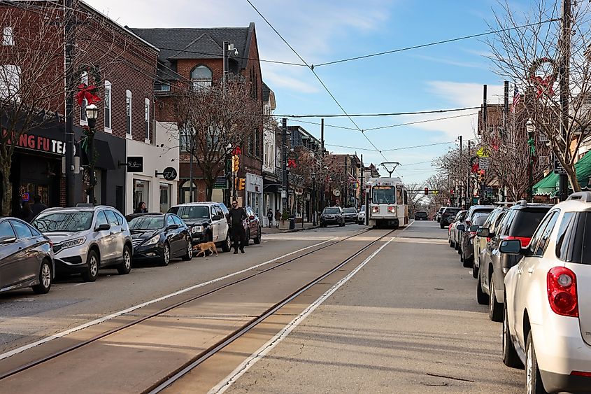 A SEPTA tram passing through the historic downtown of Media, Pennsylvania