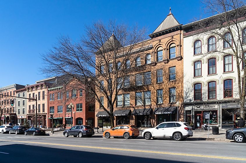 A landscape view of the shopping district on Broadway in downtown Saratoga Springs, New York