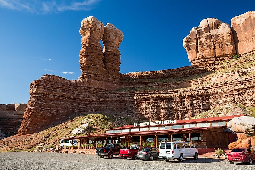 Bluff, Utah, USA, featuring the Twin Rocks stone formation and Twin Rocks Cafe.