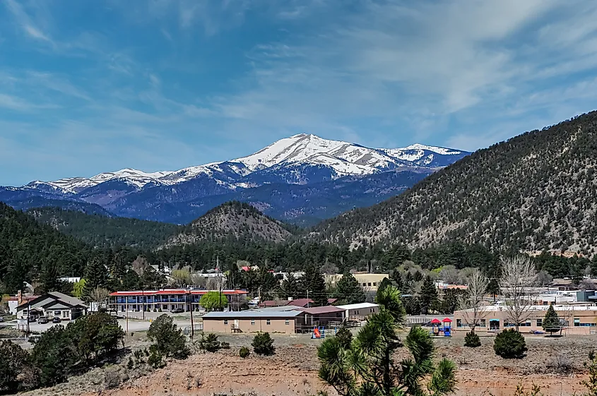 A panoramic view of the snow-capped peak of Sierra Blanca, as seen from Ruidoso, New Mexico.