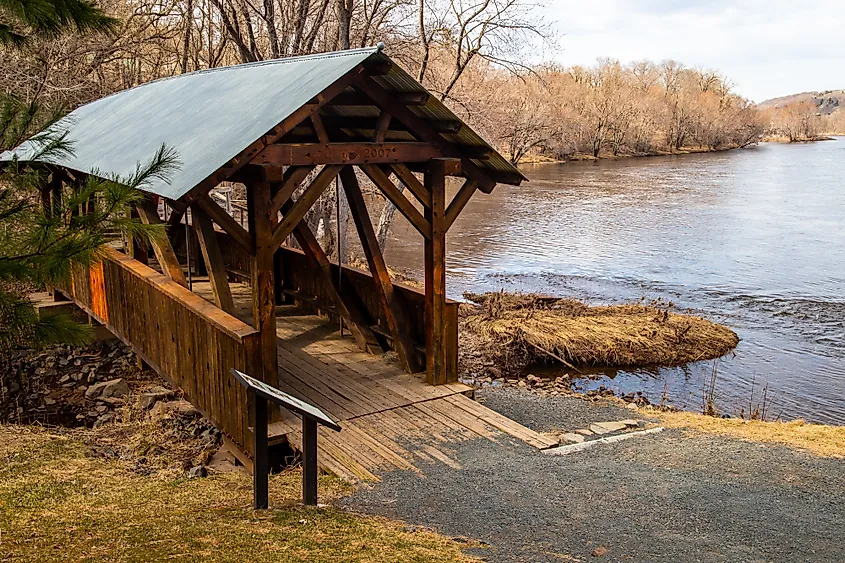 Covered bridge on a spring day in Taylors Falls, Minnesota, on the St. Croix River.