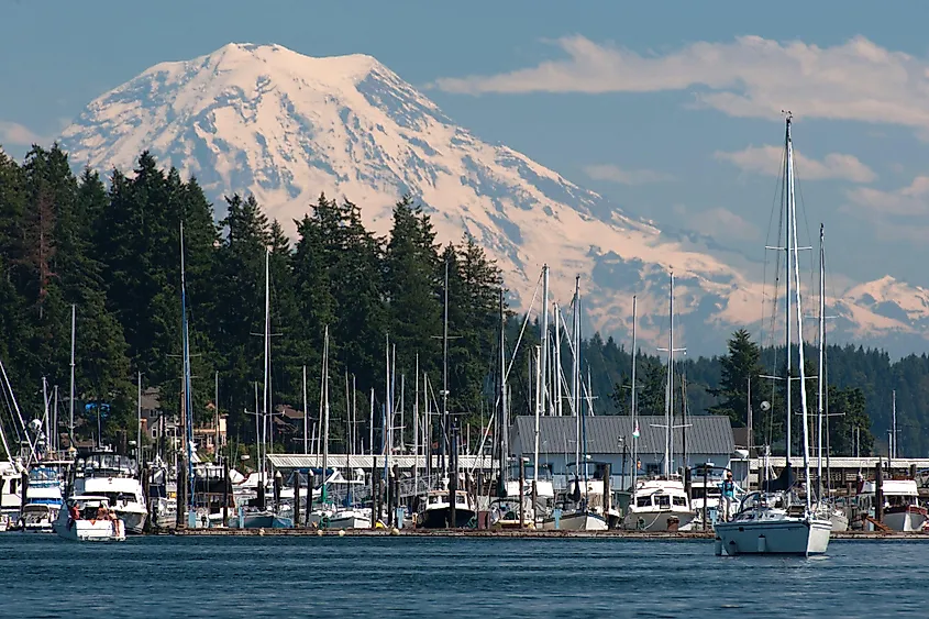 Majestic Mount Rainier casts its shadow over Gig Harbor, Washington.