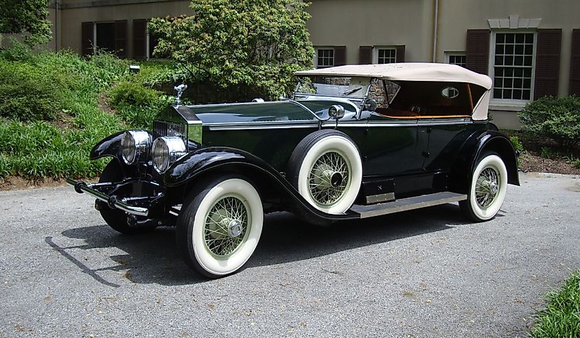 Elegant green 1927 Rolls-Royce Phantom 1 Ascot Tourer automobile parked at Winterthur Museum, Garden, and Library located on the estate once owned by Henry Francis du Pont.