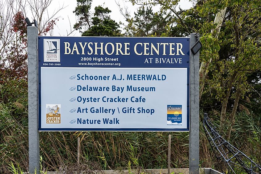 Sign for the Bayshore Center attractions in Bivalve, New Jersey