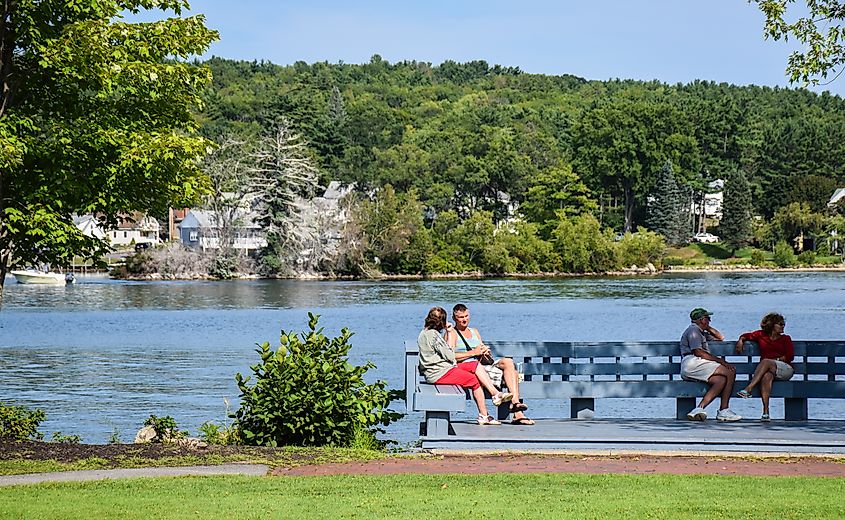 The picturesque embankment of Lake Winnipesok in Meredith, New Hampshire.