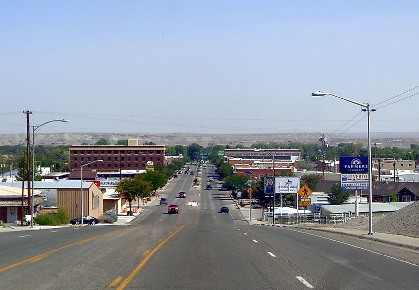 View of West Main Street in the town of Riverton, Wyoming. 