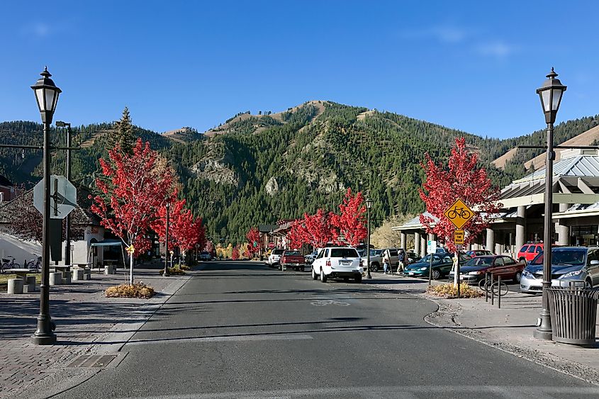 Sun Valley in October, trees in autumn color, is a popular tourist town, Bald Mountain in the background is also a popular place for winter sk