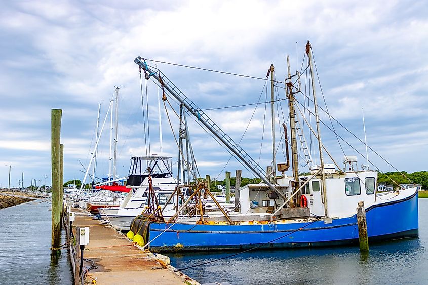 A fishing boat in a harbor at Wellfleet, Massachusetts.