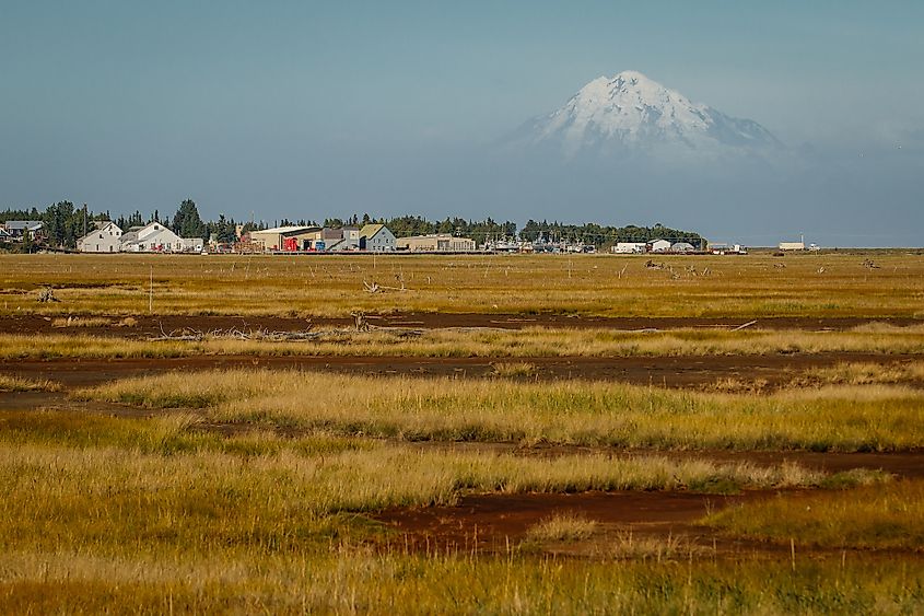 View of Mt. Redoubt volcano from town of Kenai, Alaska.