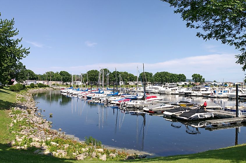 Waterfront area with docked boats in Lake City, Minnesota