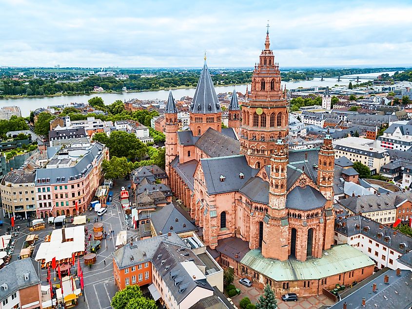 Mainz Cathedral aerial panoramic view, located at the market square of Mainz city in Germany