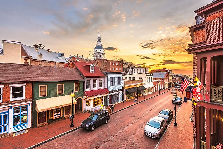 Downtown view of Main Street with the State House in Annapolis, Maryland at dawn