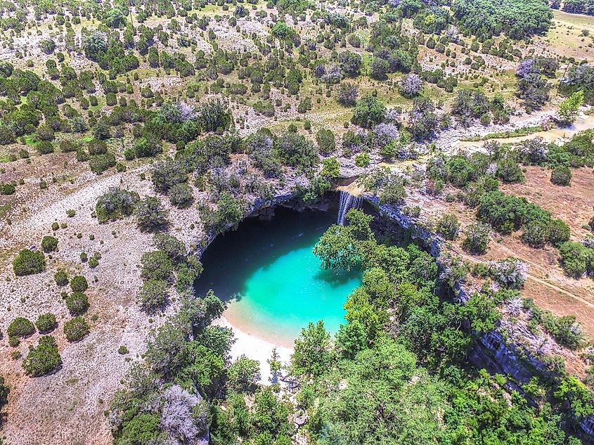 Beautiful aerial view of Hamilton Pool in Dripping Springs, Texas.
