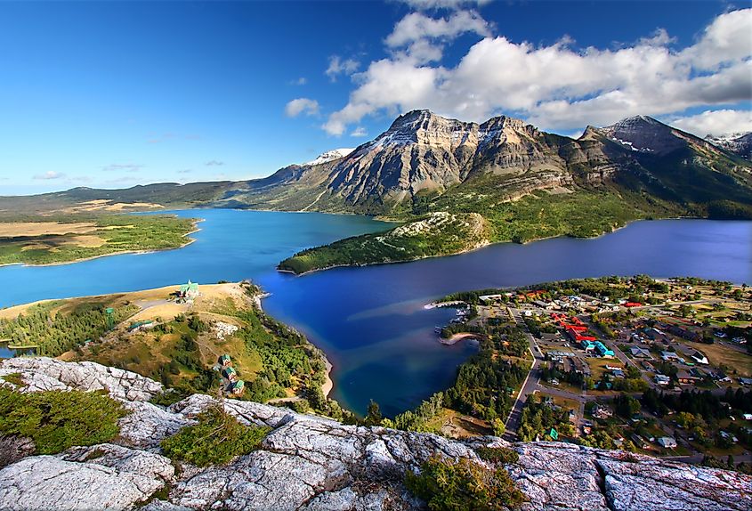 Waterton Lakes National Park and the town of Waterton Park in Alberta, Canada seen from the Bears Hump.