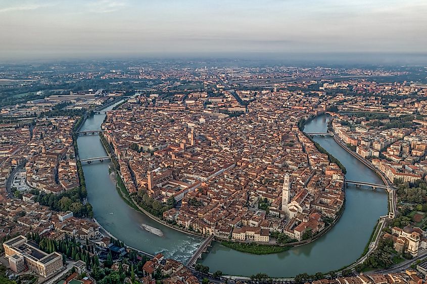 Adige River flowing through the city of Verona in Italy