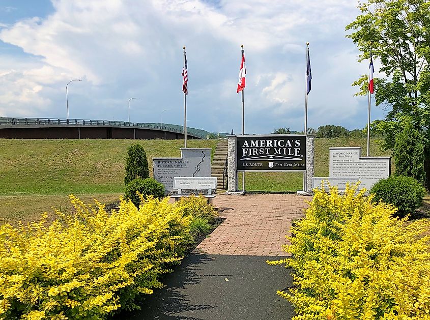 Historic marker of America’s First Mile on US Route 1 in Fort Kent Maine