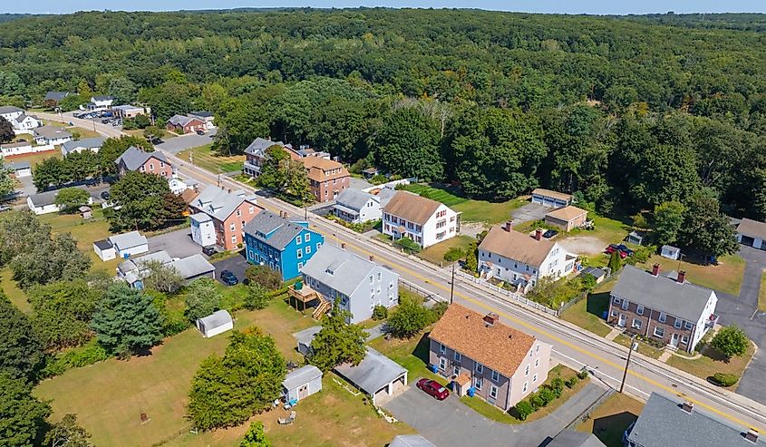 Albion historic village center aerial view in summer on Main Street at School Street in town of Lincoln, Rhode Island.