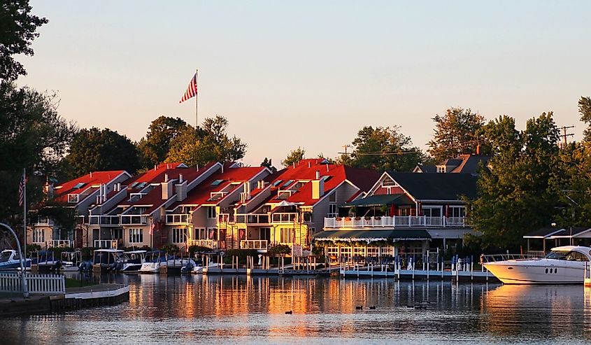 Sunrise illuminates the buildings along the Vermilion River in Vermilion, Ohio.