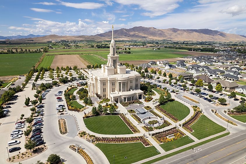 Payson, Utah, USA: Aerial view of the beautiful temple of The Church of Jesus Christ of Latter-day Saints surrounded by green farmland.