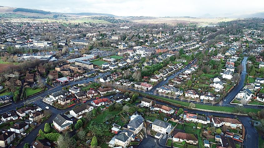 Aerial view of the town of Milngavie, near Glasgow, Scotland.