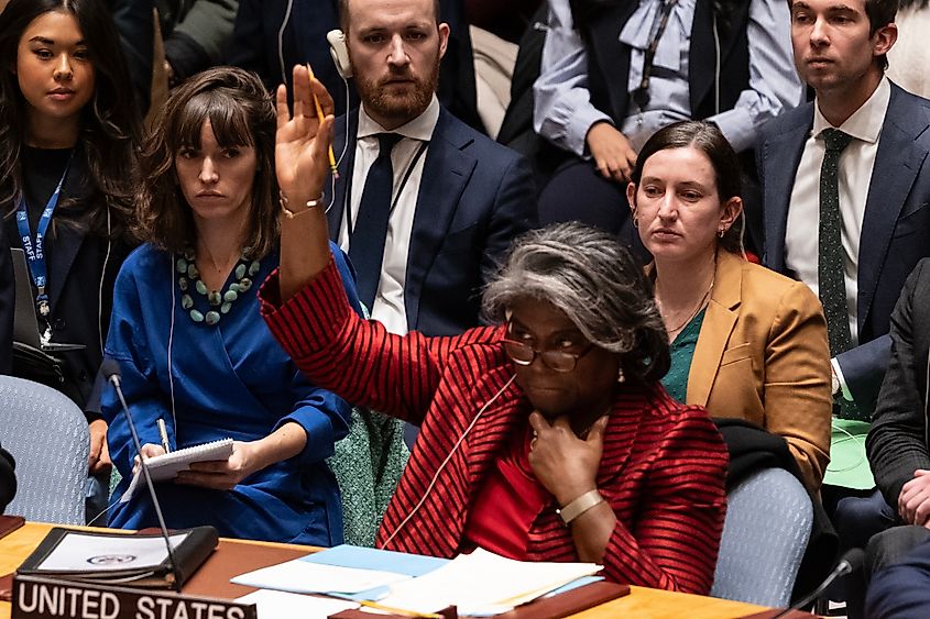 Ambassador Linda Thomas-Greenfield votes during Security Council meeting at UN Headquarters in New York