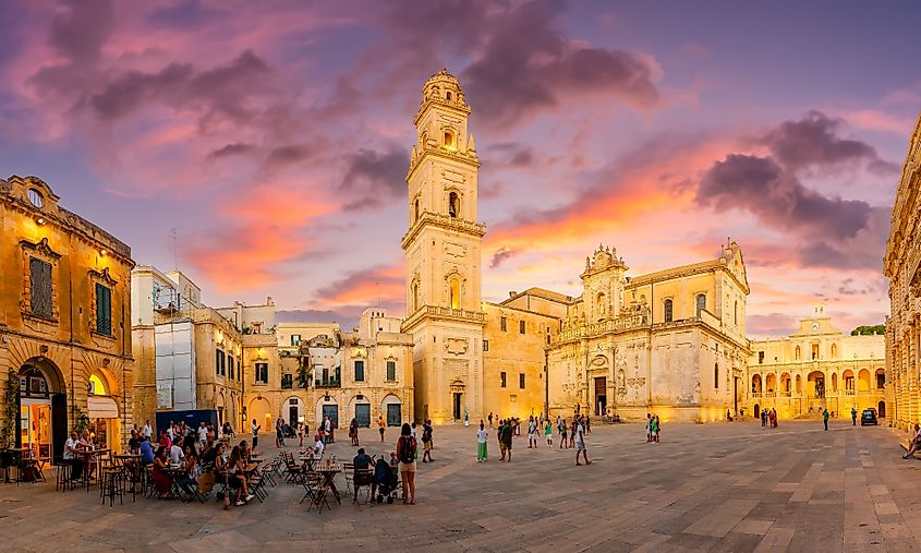 Lecce, Italy: Piazza del Duomo square and Virgin Mary Cathedral at twilight time, Puglia region