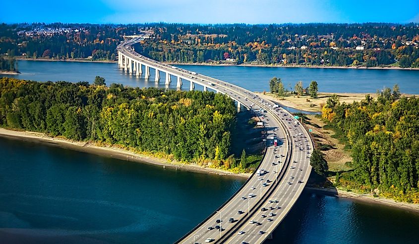 Aerial view of the Glenn L. Jackson Memorial Bridge, or I-205 bridge. It is a segmental bridge that spans the Columbia River between Vancouver, Washington and Portland, Oregon.