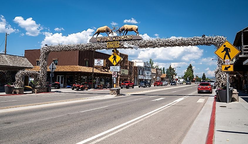 Famous elk antler arch in the downtown area of the town in the Star Valley of Afton, Wyoming
