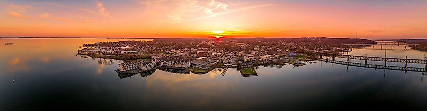 Aerial sunset panorama of Havre de Grace in Harford County, Maryland, situated at the mouth of the Susquehanna River and the head of Chesapeake Bay.