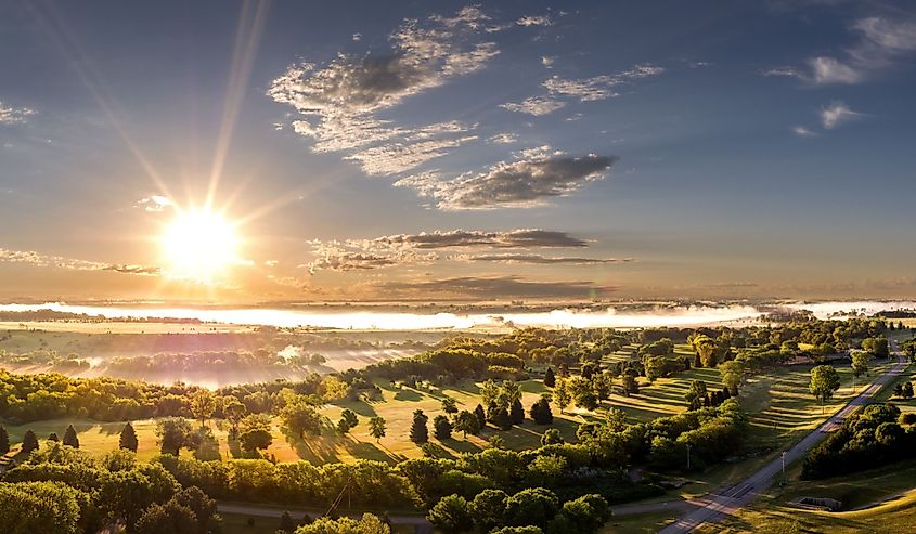 Aerial sunrise view in the Midwest town of Mitchell, South Dakota.