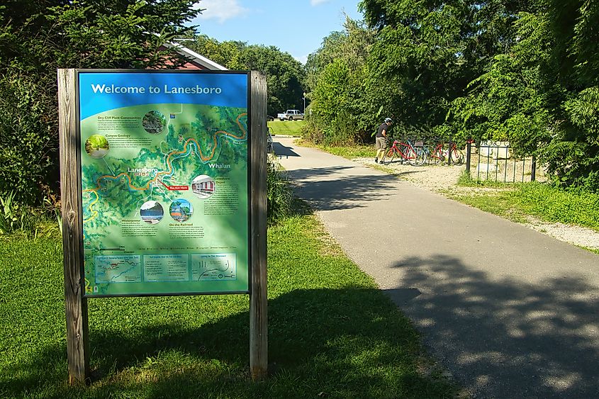 Marker for the Root River Trail in Lanesboro, Minnesota.