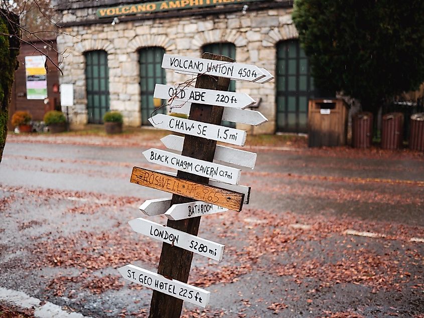 Wooden tourism sign in historic Volcano California in Amador county.